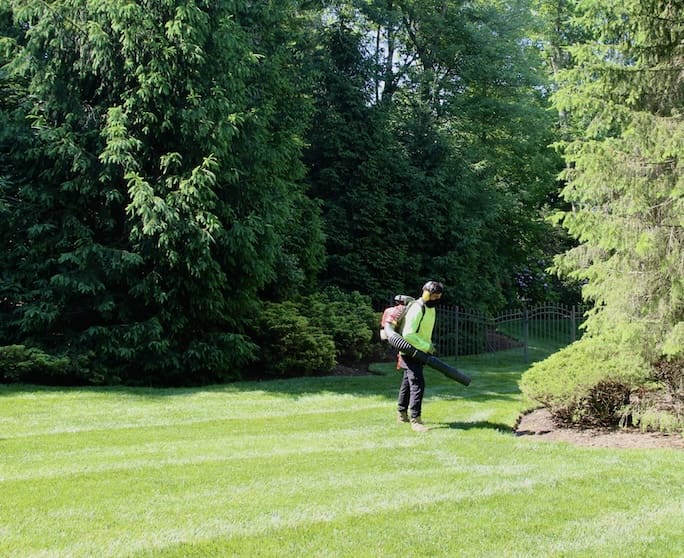 Borst crewman working with a leaf blower on a lush lawn to prepare the yard for the fall