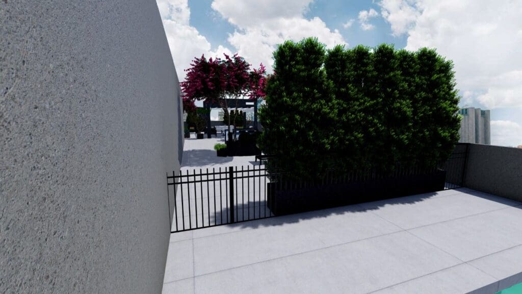 3D rendering of a rooftop garden with a low gate and hedges