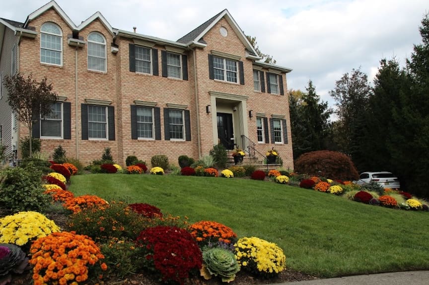 A brick house atop a slight hill of multicolor mums and lush green grass highlighting Borst's fall lawn fertilization service